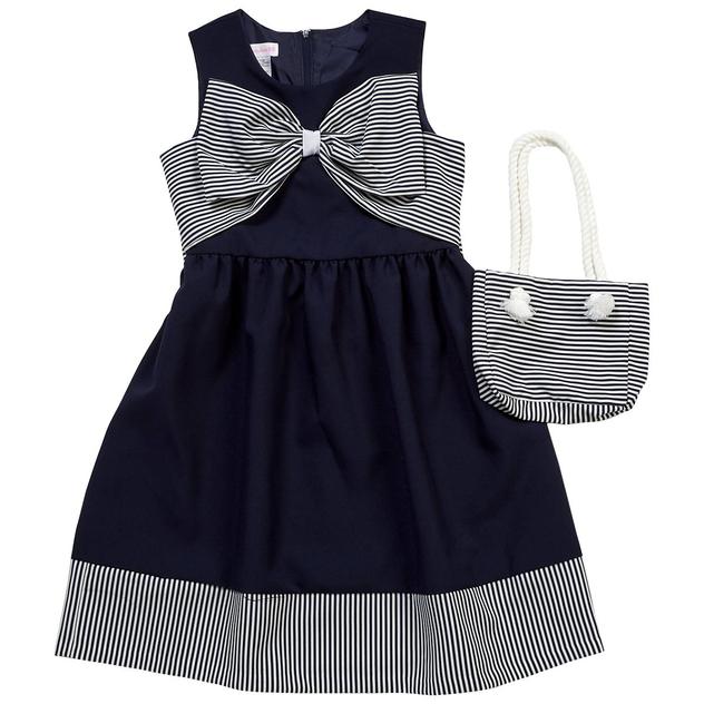 Girls (7-16) Bonnie Jean Stripe Bow Sleeveless Dress w/ Purse