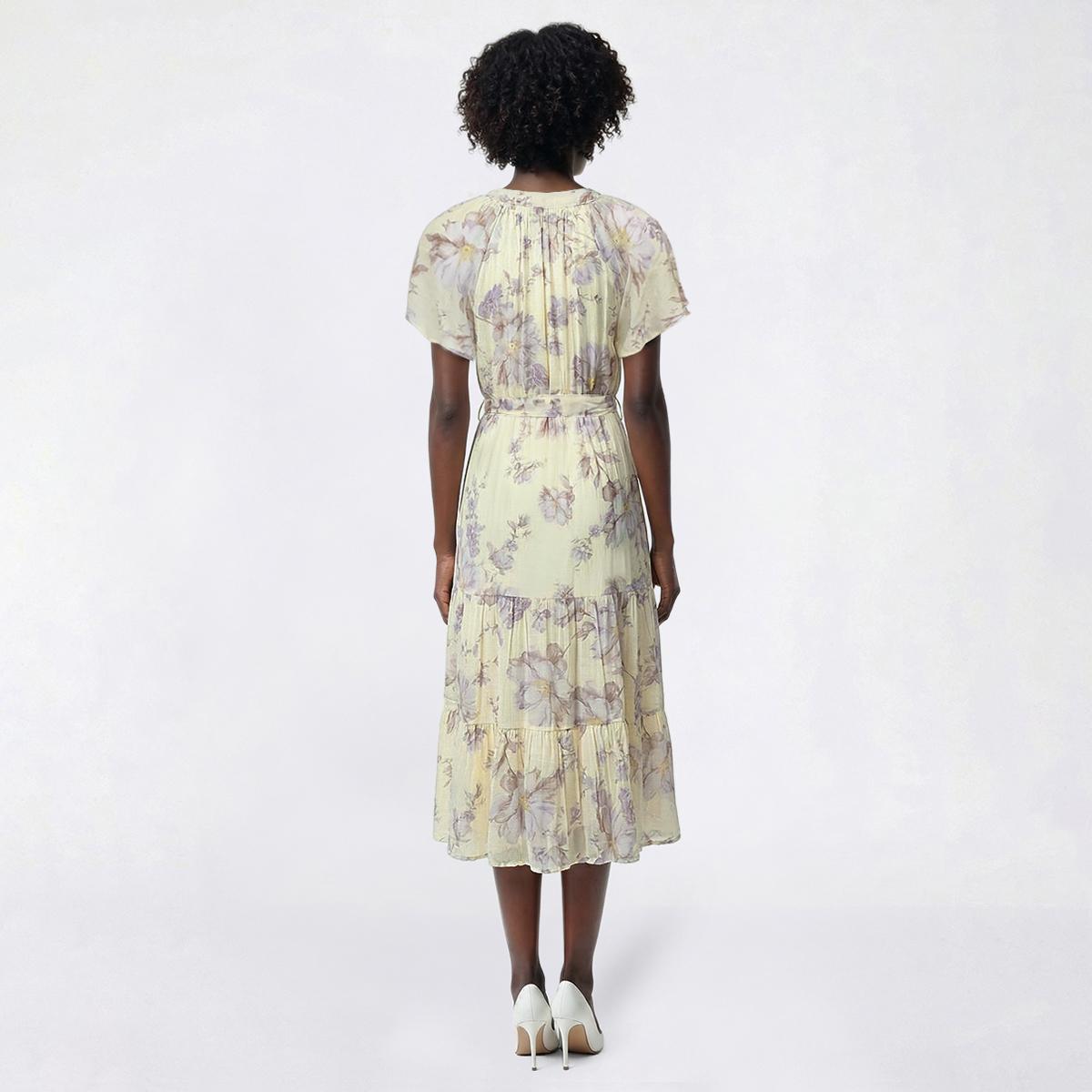 Womens Luxology Short Sleeve Split Neck Floral Tiered Midi Dress