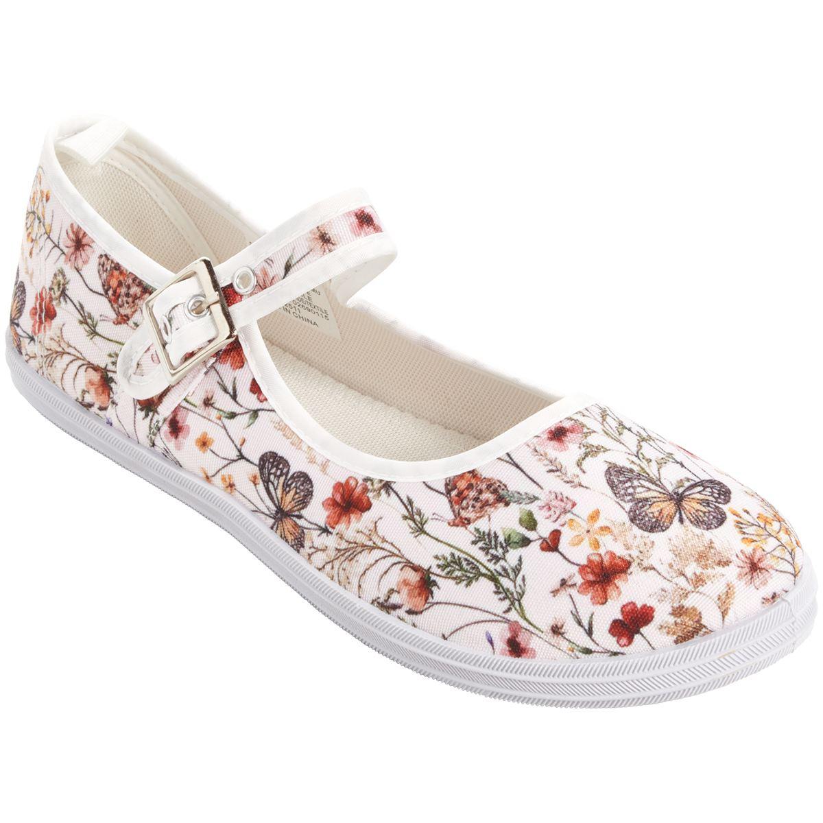 Womens Ashley Blue Mary Jane Floral Canvas Flats
