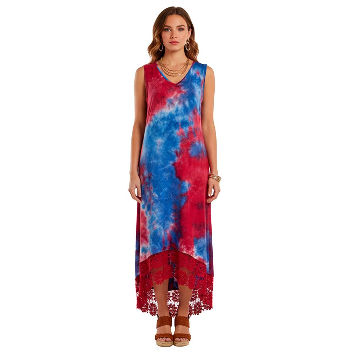 Womens Nina Leonard Sleeveless Tie Dye Lace High Low Mid Dress