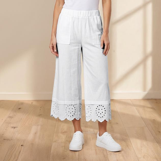 Womens Nicole Miller Elastic Waist Eyelet Trim Wide Leg Pants