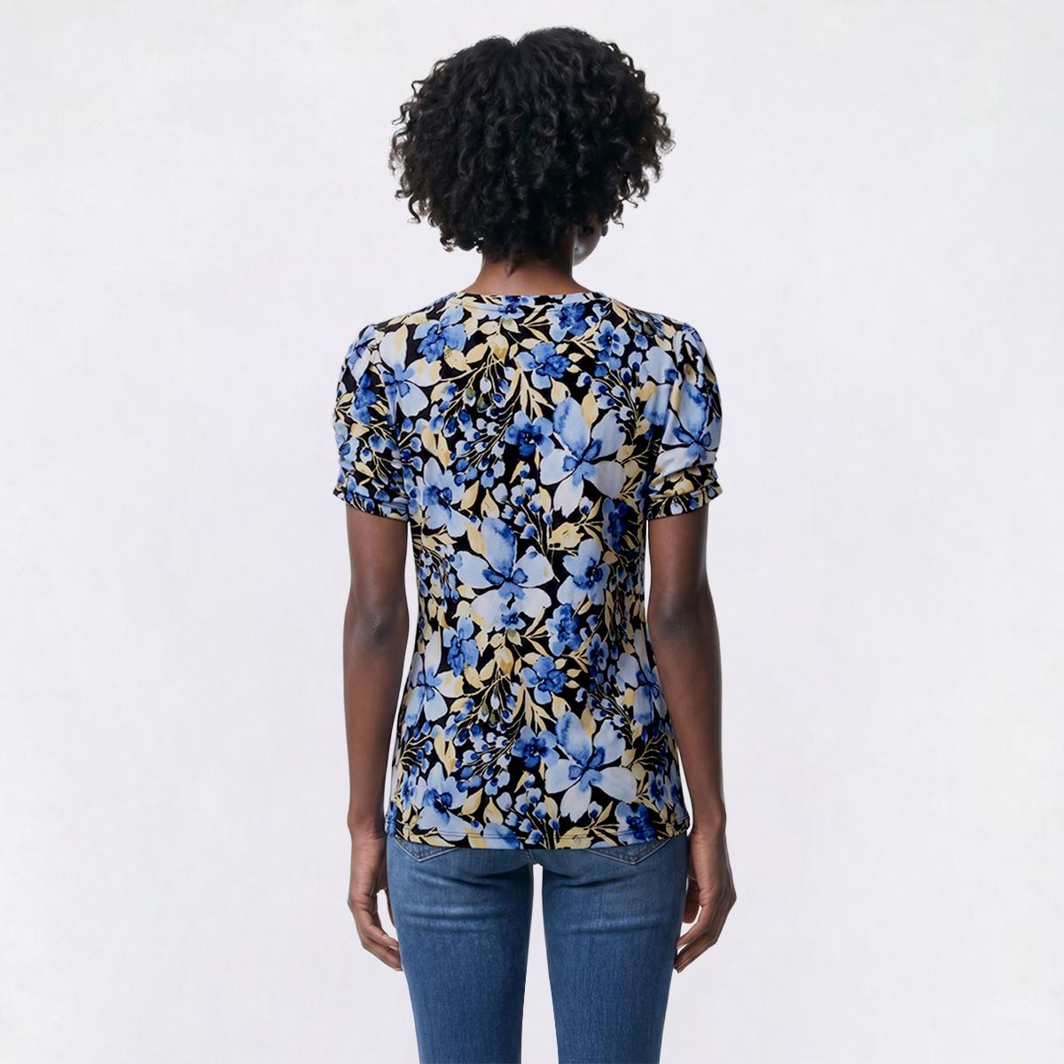 Womens Anne Klein Short Pleated Sleeve Floral Blouse