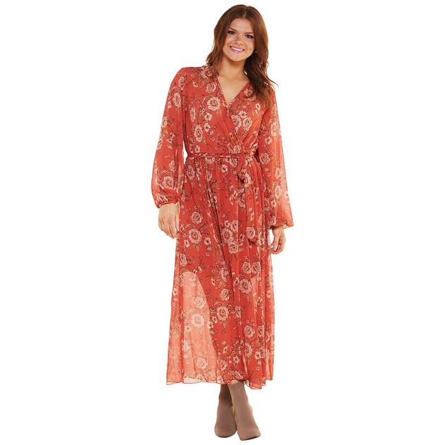 Womens Luxology Long Sleeve Floral Vine Chiffon Maxi Dress