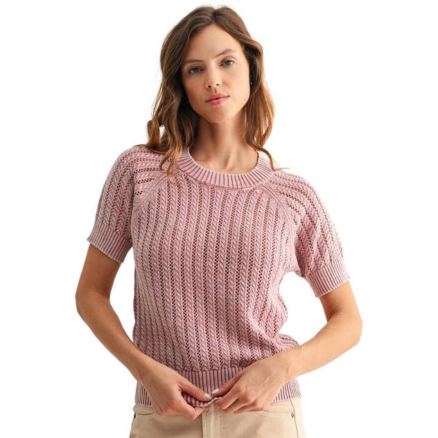 Womens CITY BLUES Short Sleeve Acid Wash Crochet Sweater