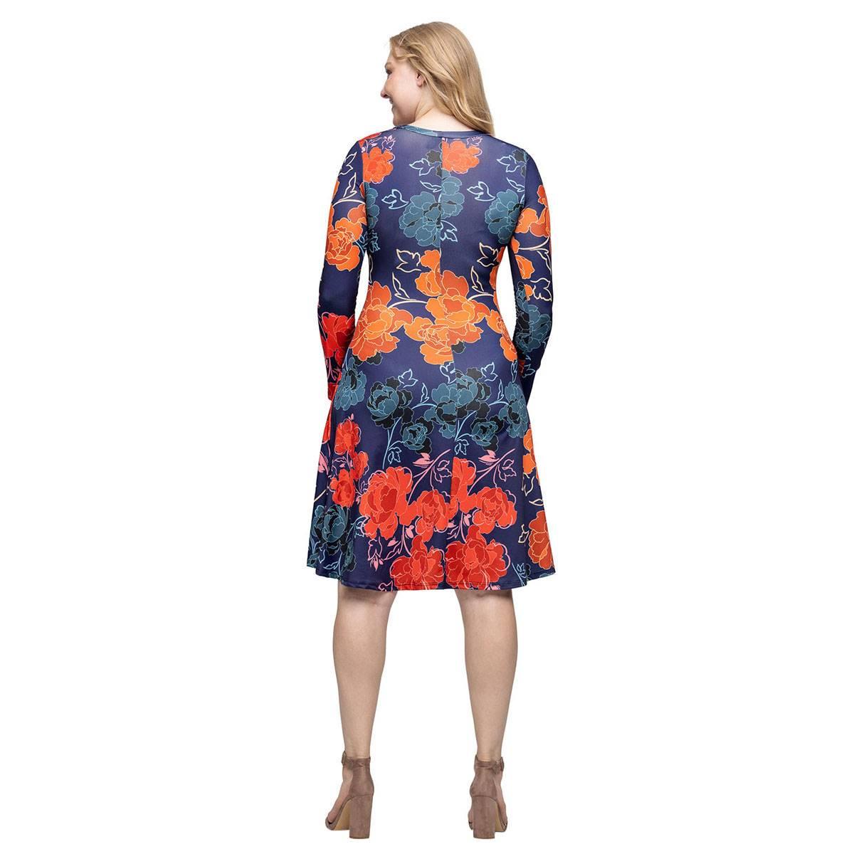 Women 24/7 Comfort Apparel Navy Floral Long Sleeve Dress