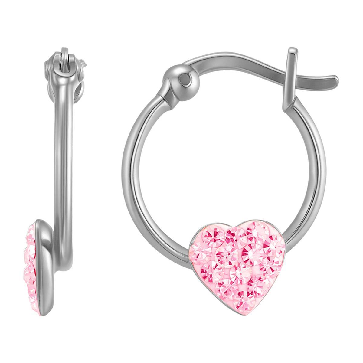 Sterling Silver Pink Crystal Heart Shape Hoop Earrings