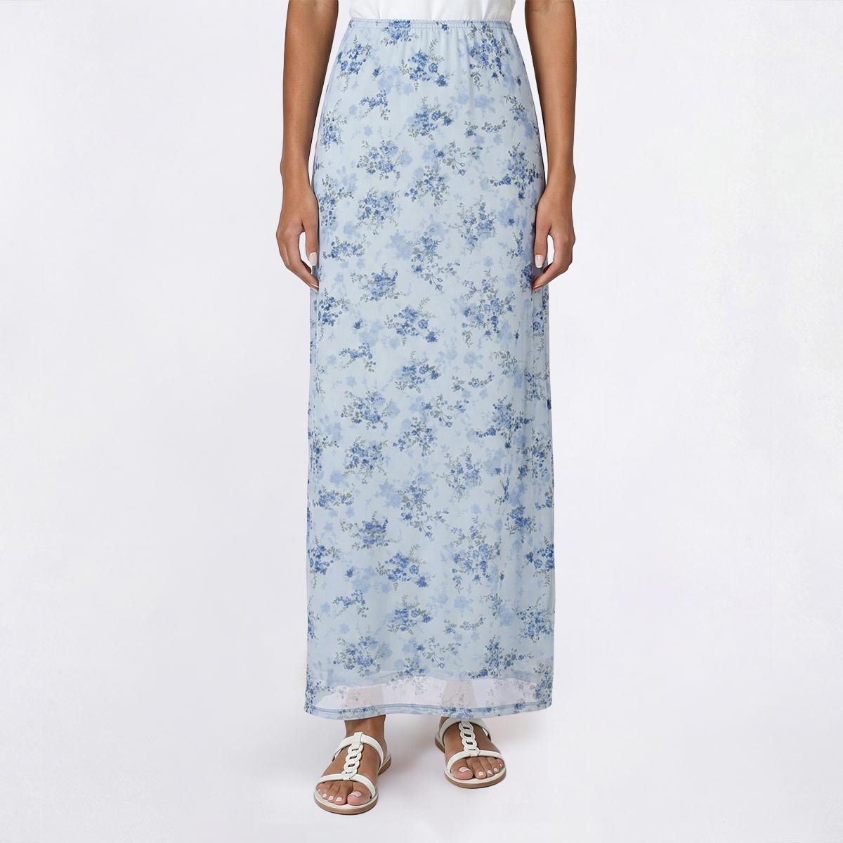Juniors Pink Rose Print Mesh Rosette Midi Skirt- Floral
