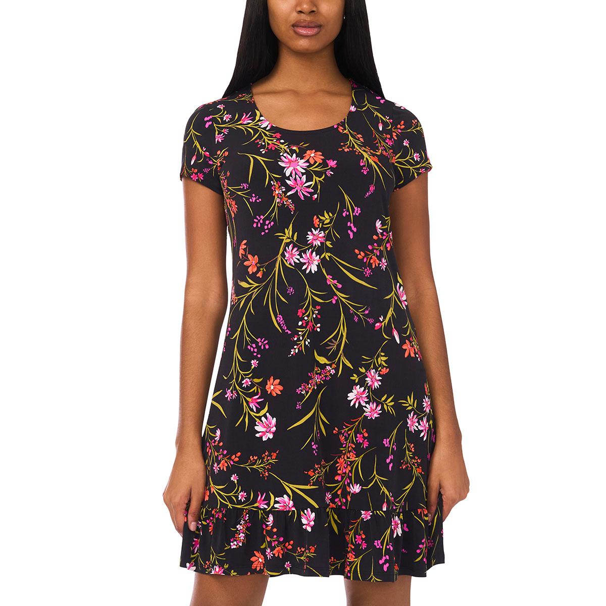 Womens MSK Short Sleeve Floral Vine Ruffle Hem A-Line Dress