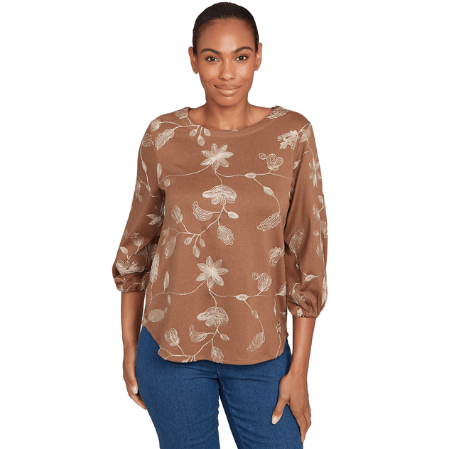 Petite Ruby Rd. New Neutrals Metallic Embroidery Floral Blouse