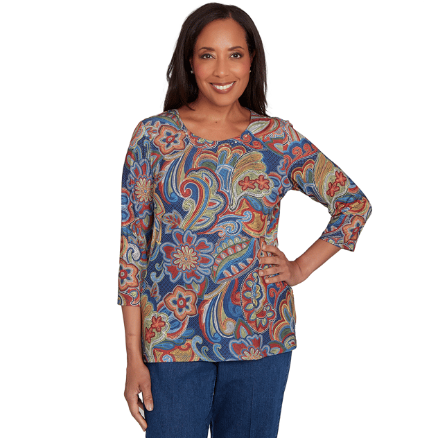Petite Alfred Dunner Sunset Canyon Floral Pleat Neck Blouse