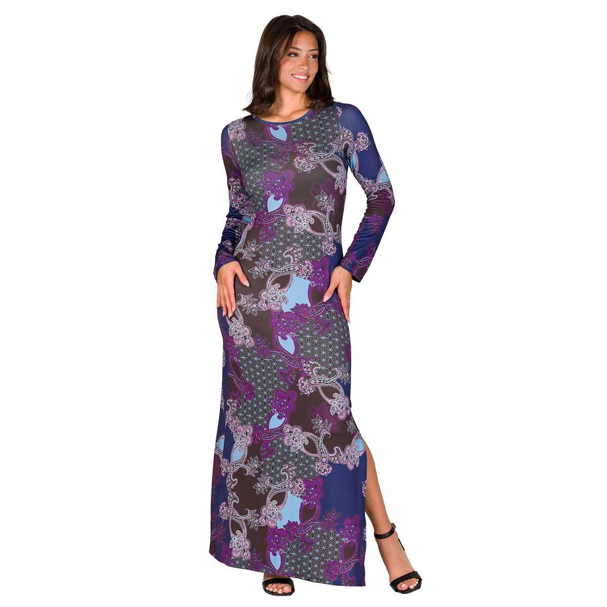 Womens 24/7 Comfort Apparel Purple Paisley Side Slit Maxi Dress