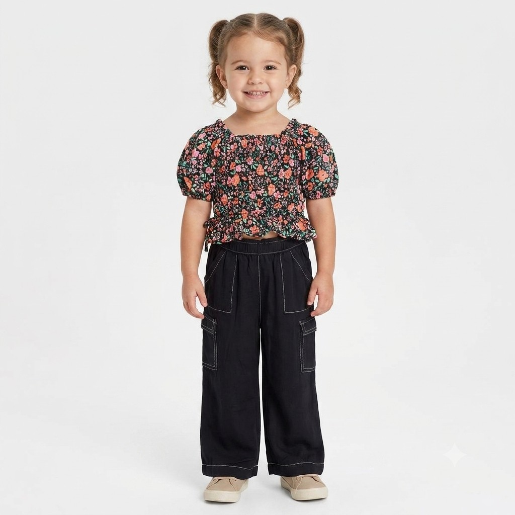 Toddler Girl Lemon Kiss Top w/ Faux Ties & Wide Leg Cargo Set