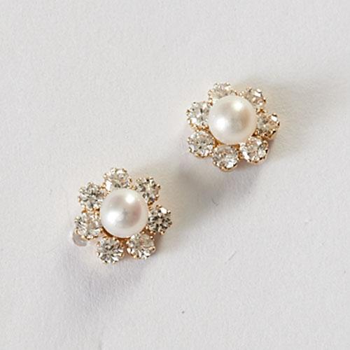 Kids Pearl & Cubic Zirconia 14kt. Gold Stud Earrings
