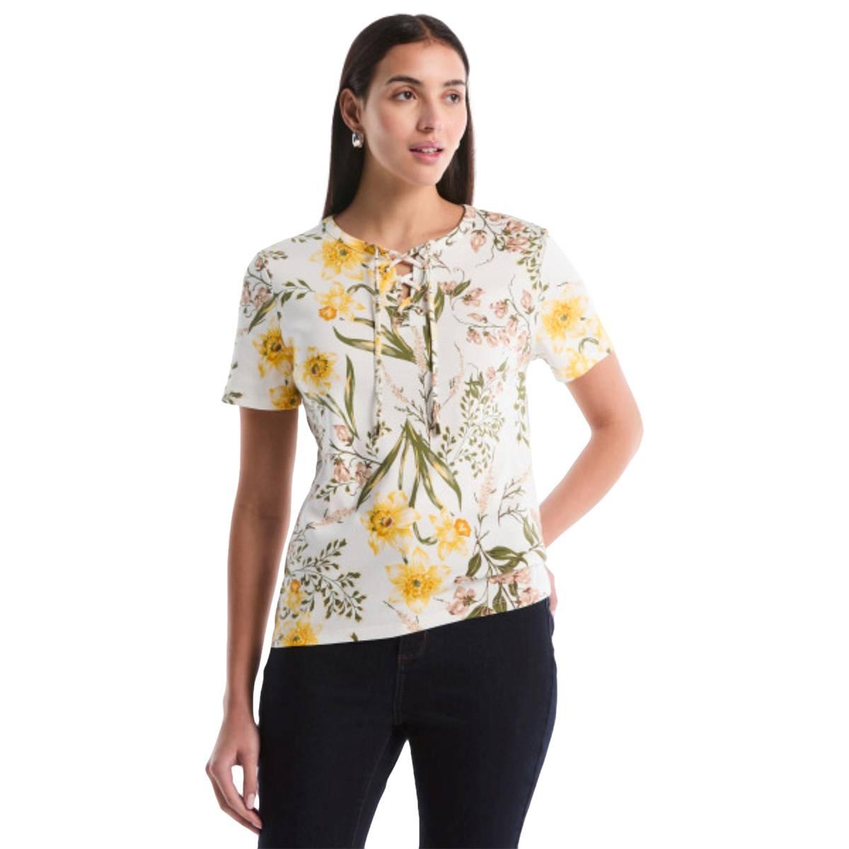 Womens Rafaella(R) Short Sleeve Garden Floral Lace Up Blouse