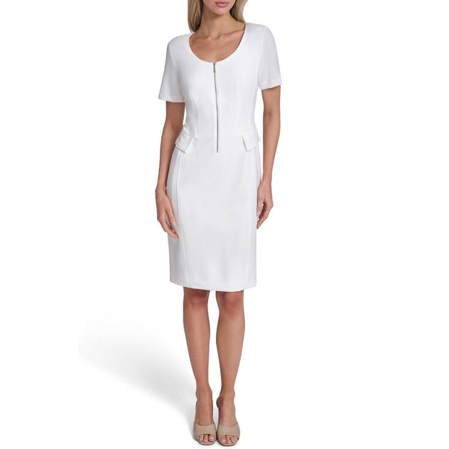 Womens Calvin Klein Short Sleeve 1/2 Zip Crepe Sheath Dress