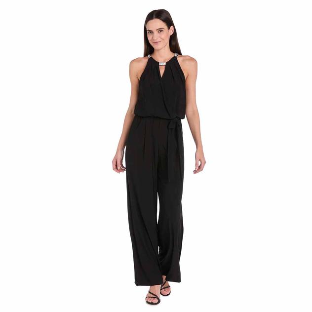 Womens R&M Richards Sleeveless Wrap Jumpsuit with Neck Trim