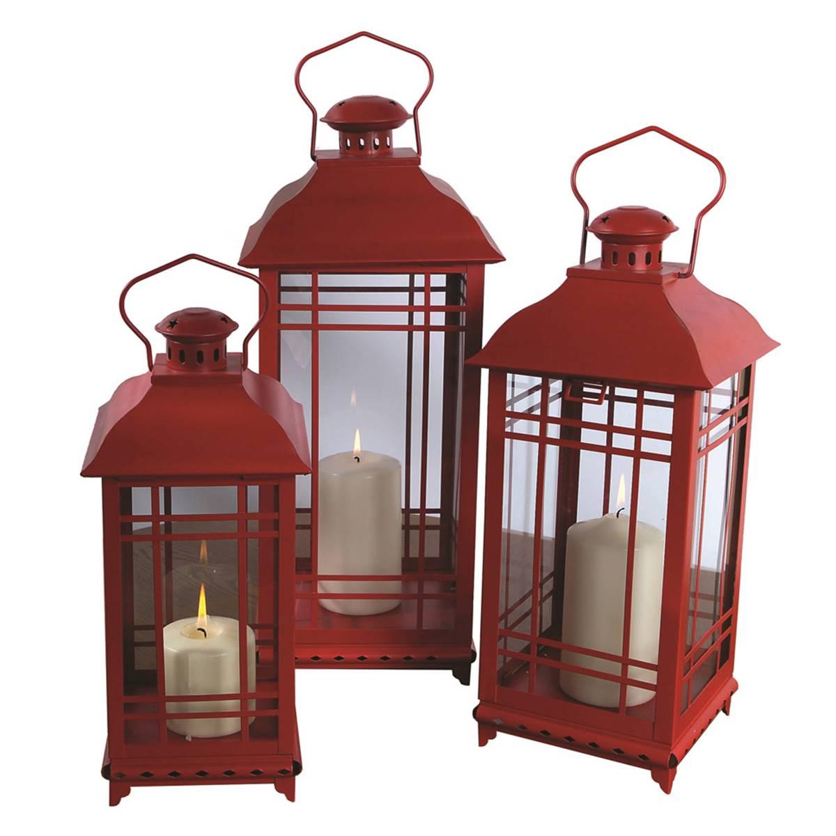Melrose Traditional Red Metal Lantern - Set of 3