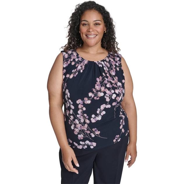 Plus Size Calvin Klein Sleeveless Pleat Neck Floral Blouse