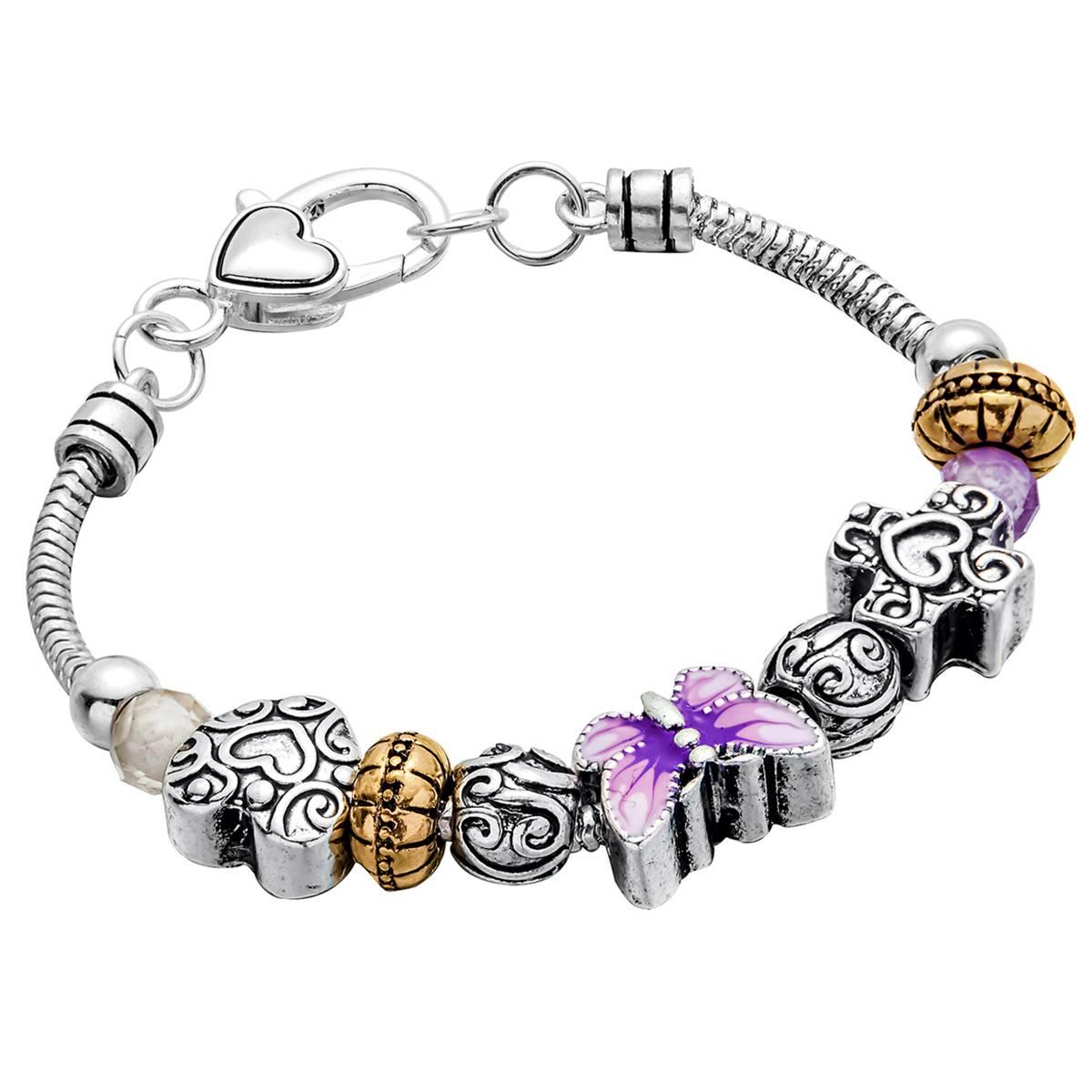 Beautiful Blessings Silver-Tone Purple Butterfly Charm Bracelet
