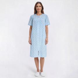 Womens Casual Time Seersucker Plaid Embossed Zip Front Duster