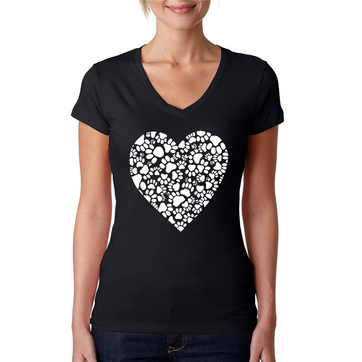Womens LA Pop Art Paw Prints Heart - Word Art V-Neck T-Shirt