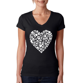 Womens LA Pop Art Paw Prints Heart - Word Art V-Neck T-Shirt