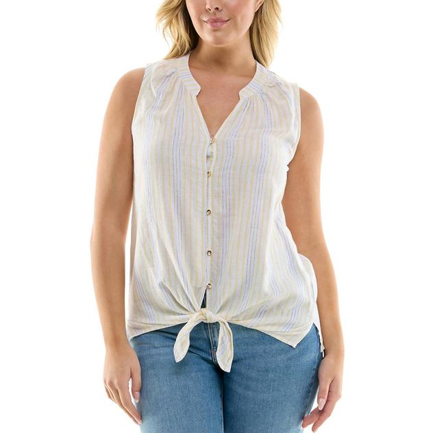 Womens Zac & Rachel Sleeveless Stripe Tie Hem Button Down Blouse