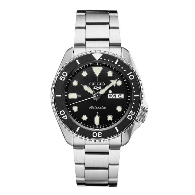 Mens Seiko 5 Stainless Steel & Black Sports Watch - SRPD55