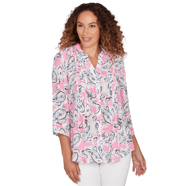 Petite Ruby Rd. Must Haves I 3/4 Sleeve Pleat Paisley Blouse