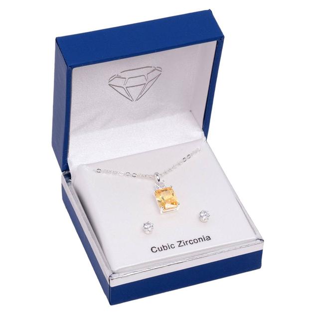 Silver-Tone CZ Yellow Pendant & Earrings Set