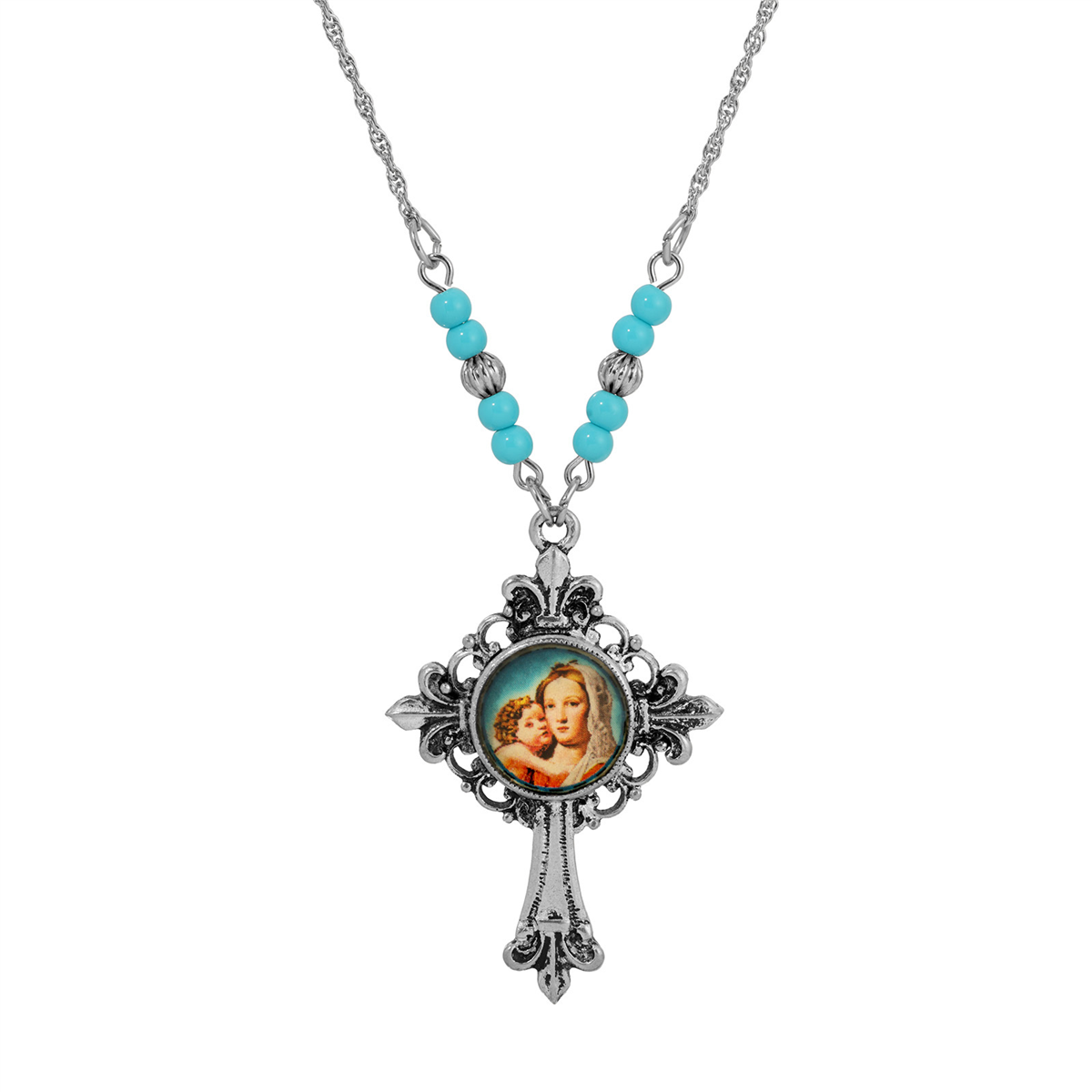 Symbols of Faith Silver Tone Cross Mary & Child Decal Necklace