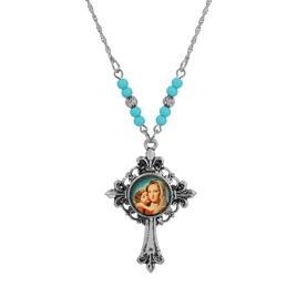 Symbols of Faith Silver Tone Cross Mary & Child Decal Necklace