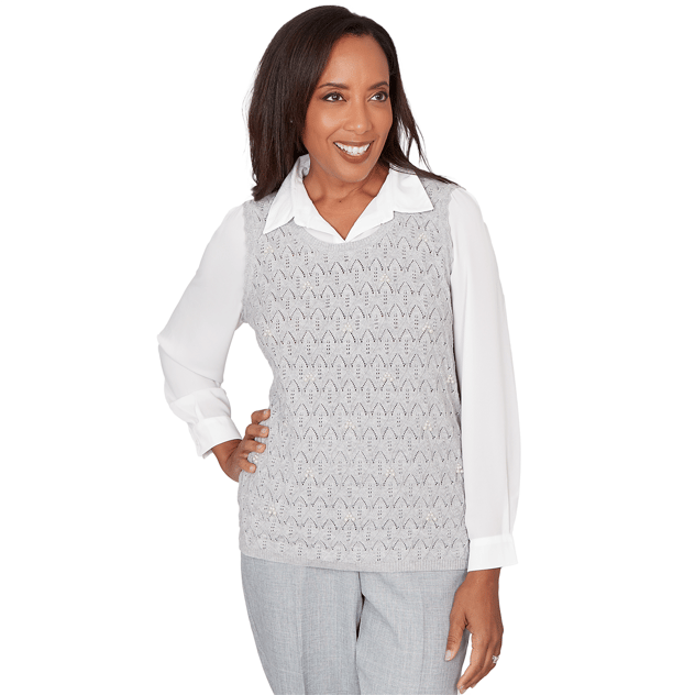 Petite Alfred Dunner Al Fresco Pointelle Pearl Two In One Sweater