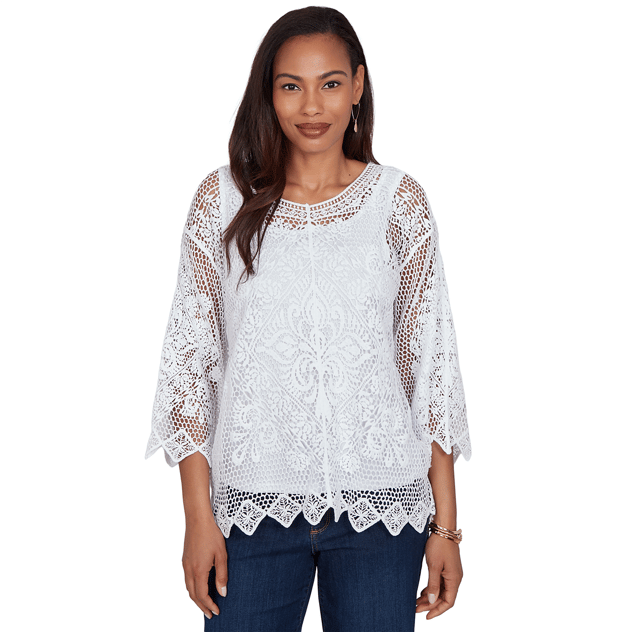 Womens Ruby Rd. French Riviera 3/4 Sleeve Open Crochet Blouse
