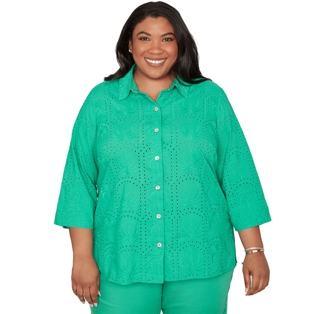 Plus Size Alfred Dunner Resort Living Eyelet Palm Tree Blouse