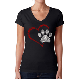 Womens LA Pop Art Paw Heart - Word Art V-Neck T-Shirt