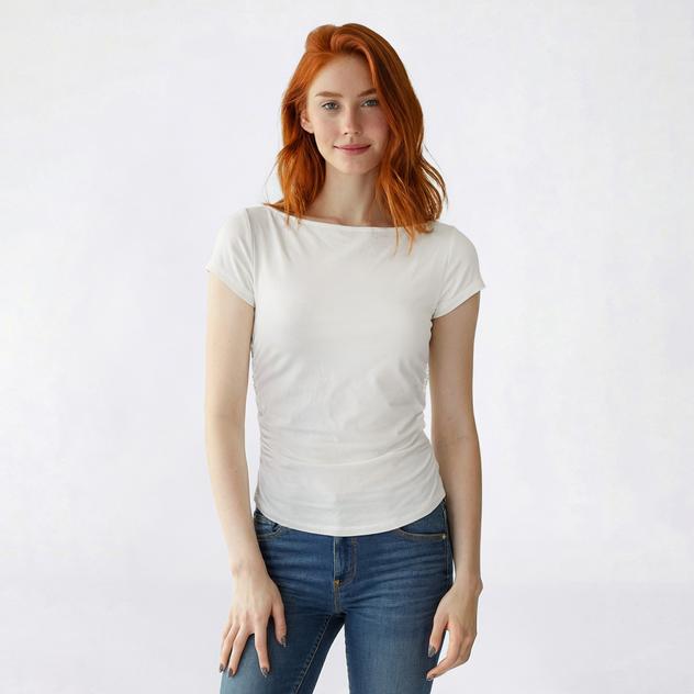 Juniors Pink Rose Boat Neck Side Ruched Double Layer Tee