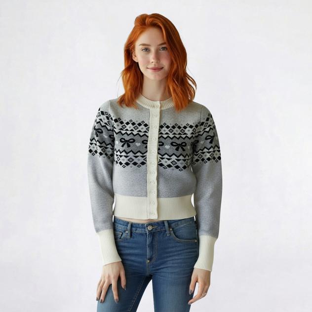 Juniors Derek Heart Bow Fair Isle Button Front Cardigan
