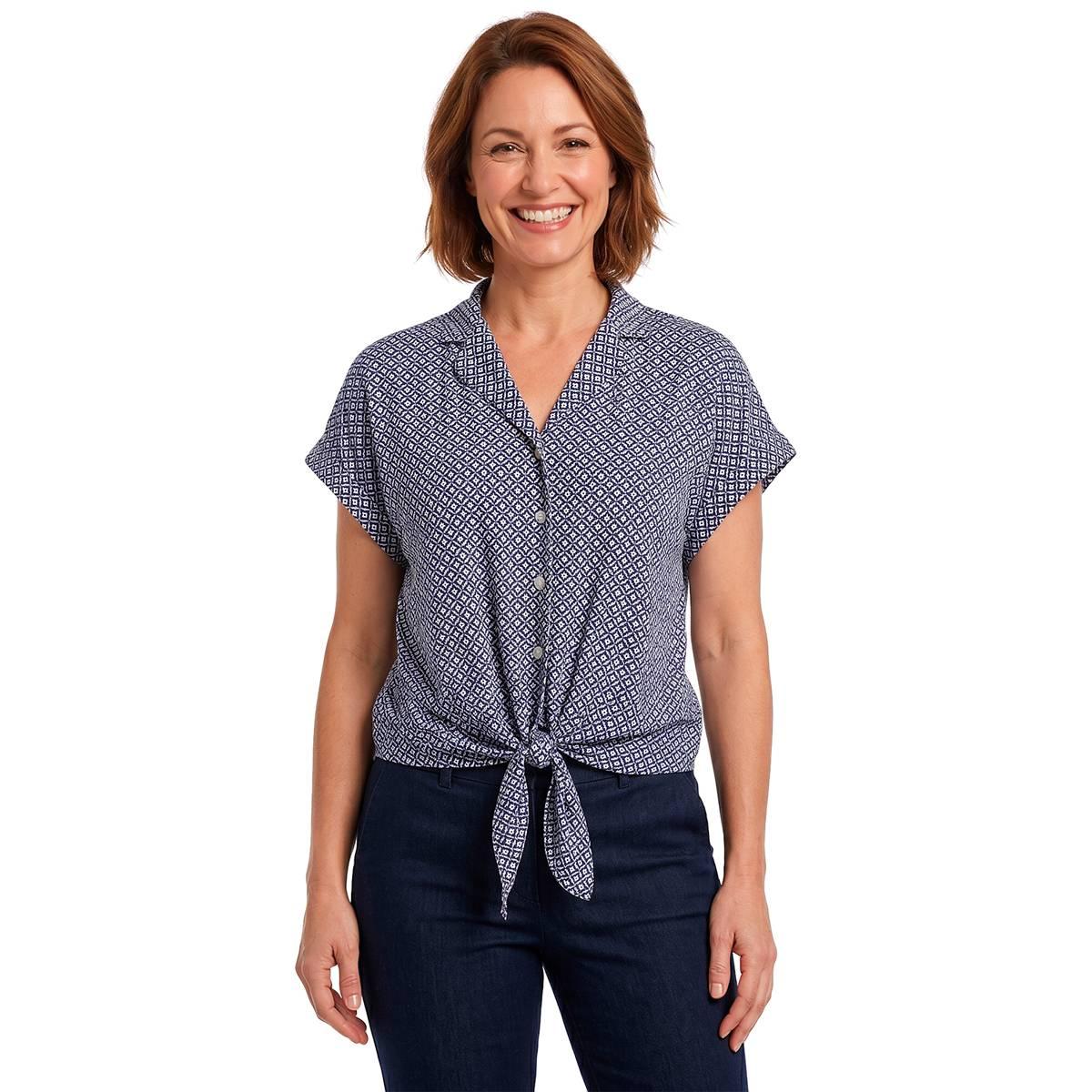 Womens Adrianna Papell Extend Sleeve Tie Front Geometric Blouse