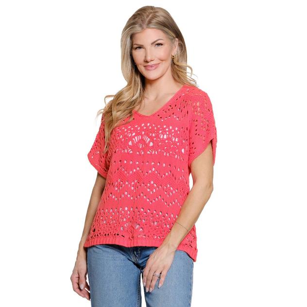 Womens Ali Miles Short Dolman Sleeve V Neck Open Crochet Sweater