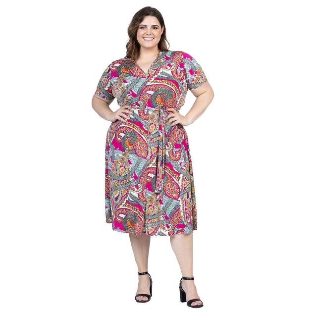 Plus Size 24/7 Comfort Apparel Paisley Tie Waist Cocktail Dress