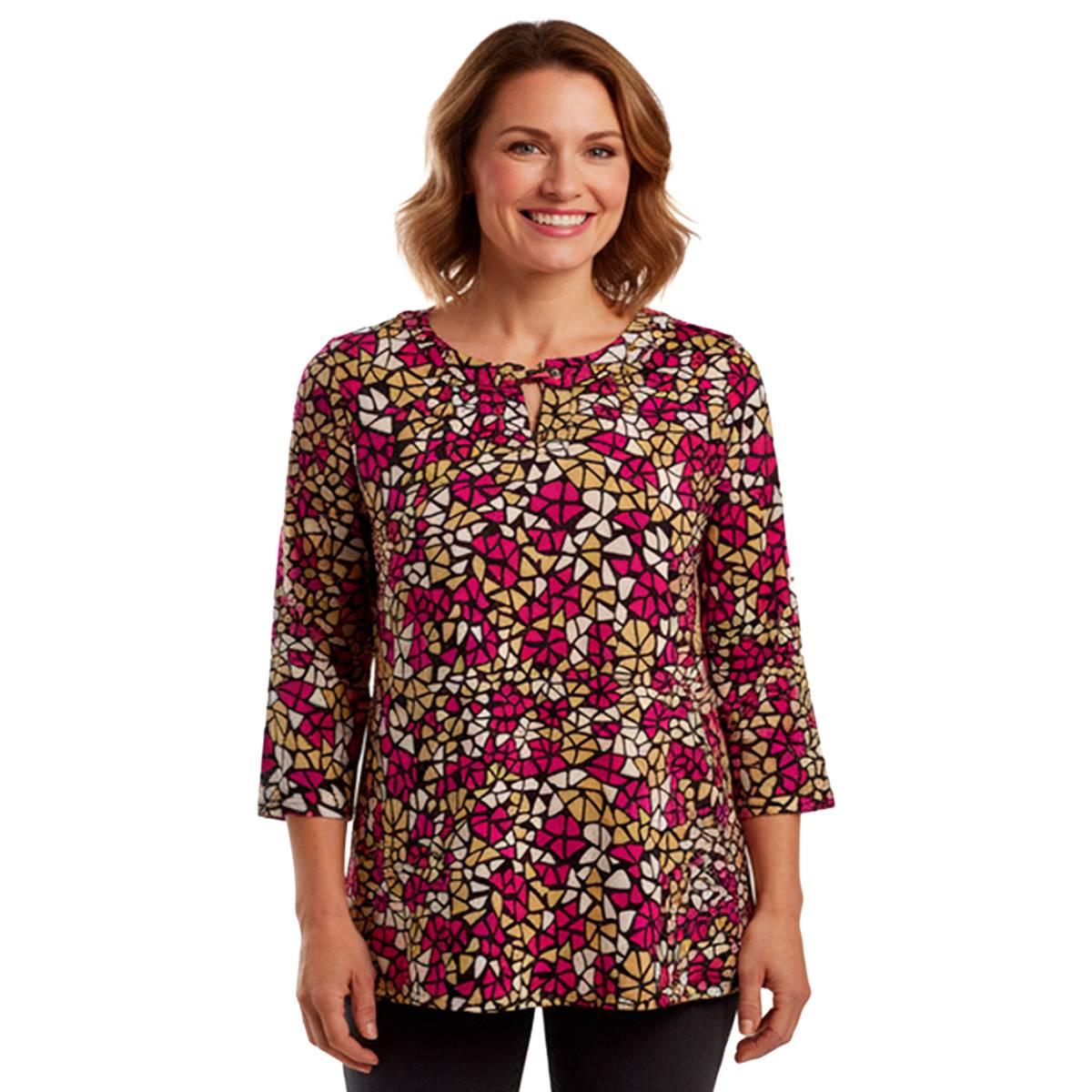 Womens Notations 3/4 Sleeve Abstract Grommet Trim Neck Blouse