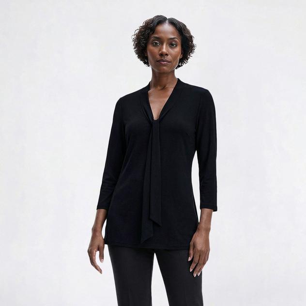 Womens Kasper 3/4 Sleeve Solid Tie Neck Blouse