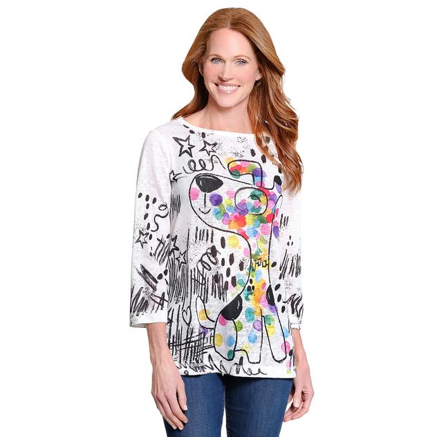 Womens Ali Miles 3/4 Sleeve Abstract Princess Dog Tee