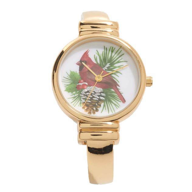 Gold Tone Round Metal Bangle Watch with Cardinal - PT10162GD