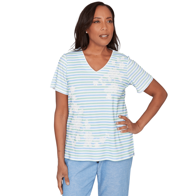 Womens Alfred Dunner Caribbean Blues Stripe Floral Embroidery Tee
