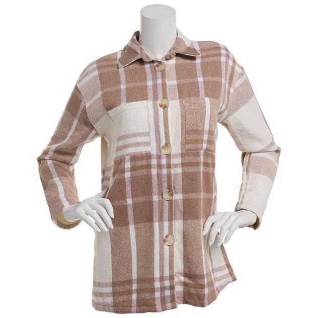 Womens NY Collection Plaid Button Front Shacket-Tan