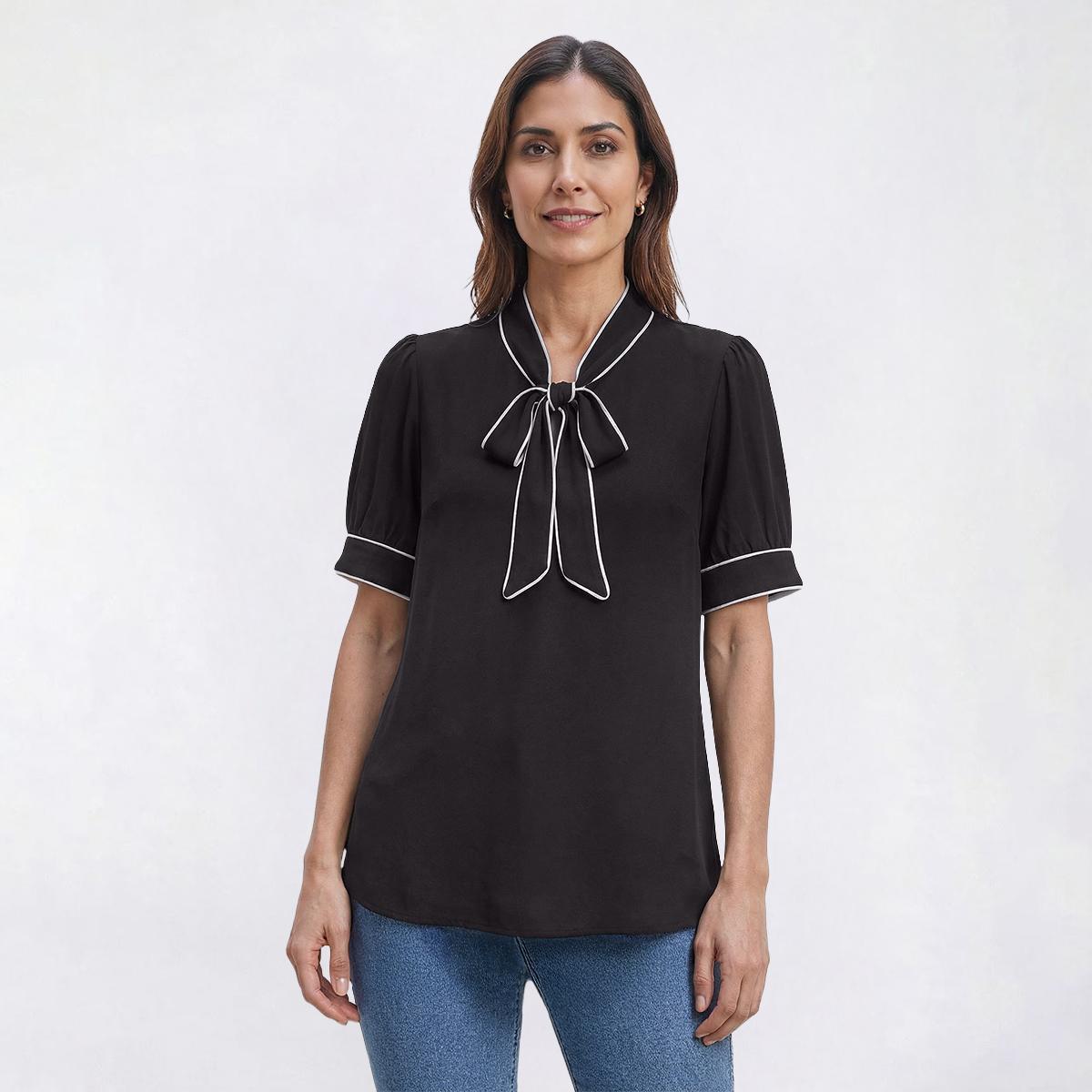 Womens Adrianna Papell Short Puff Sleeve Tipped Tie Neck Blouse