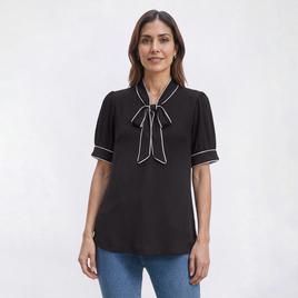 Womens Adrianna Papell Short Puff Sleeve Tipped Tie Neck Blouse
