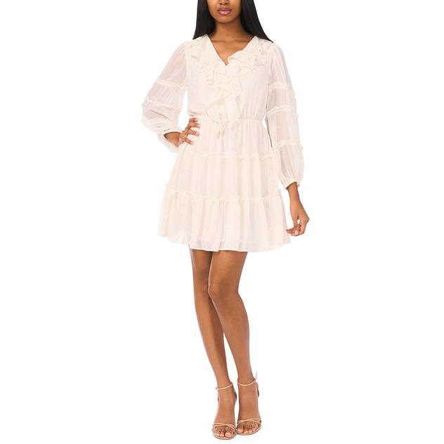Womens MSK Long Sleeve Ruffle Trim V Neck Foil A-Line Dress